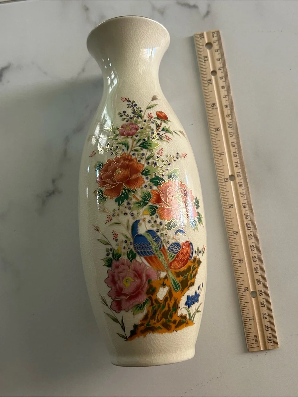 Cream Floral Ceramic Vase with Orange and Multicolor Motif